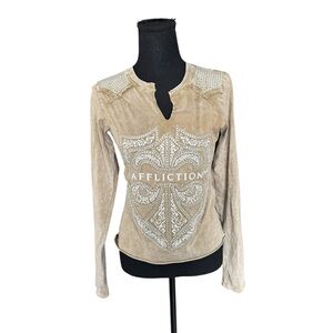 Affliction Live Fast Tan Cross Studded Long Sleeve Top Med Y2K Biker Western X13